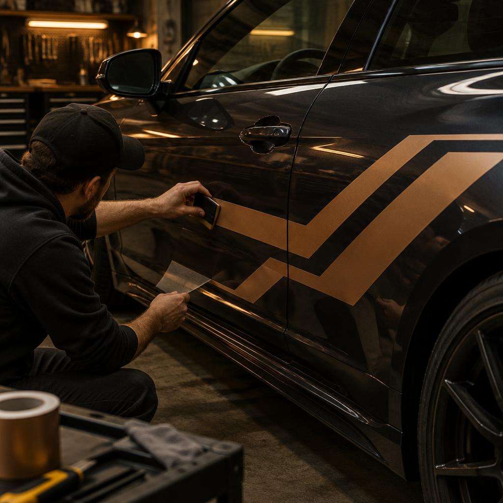 Applicazione di grafiche bronzo sulla fiancata di un'auto scura